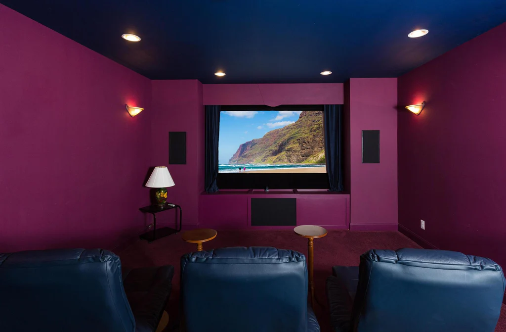 Purple colour pallette for a modern theatre room.