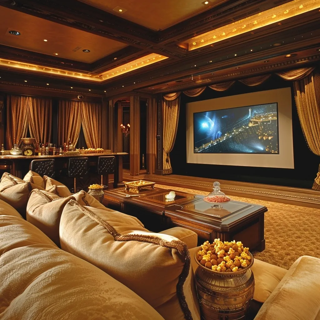 A very luxurious gold colored theatre room.