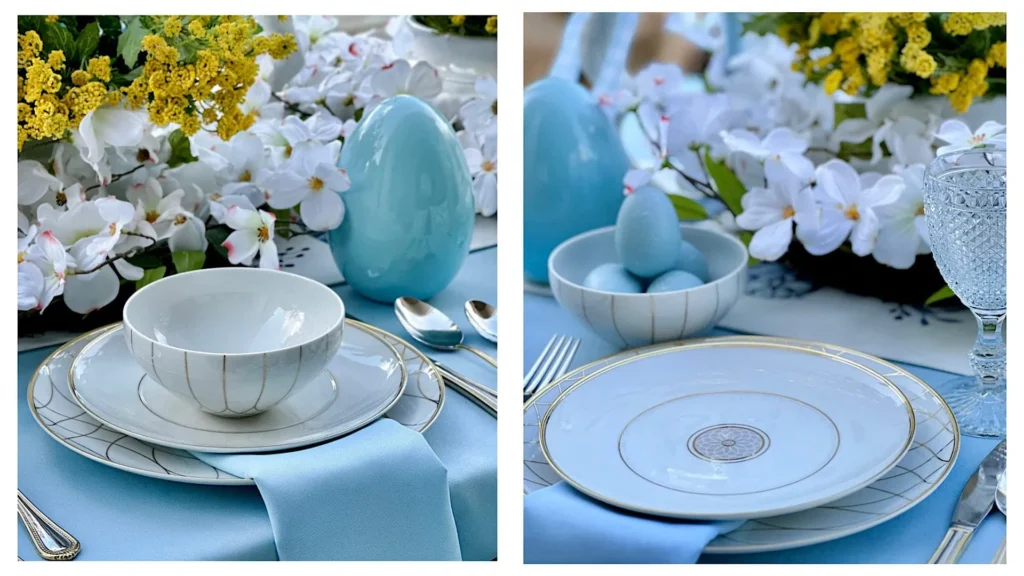 Powder blue tablecloth and napkin with ceramic white cutlery and Easter eggs' surprise.