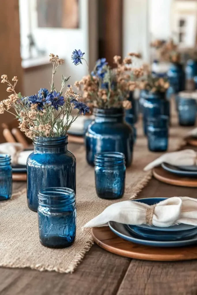Shimmery blue mason jars as vase.