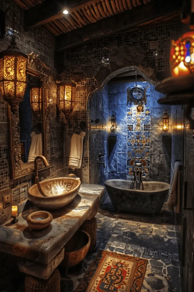Moroccan elements illuminating a vintage bathroom.