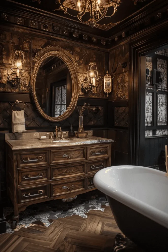Rustic vintage bathroom with ornate elegance and dark panels.