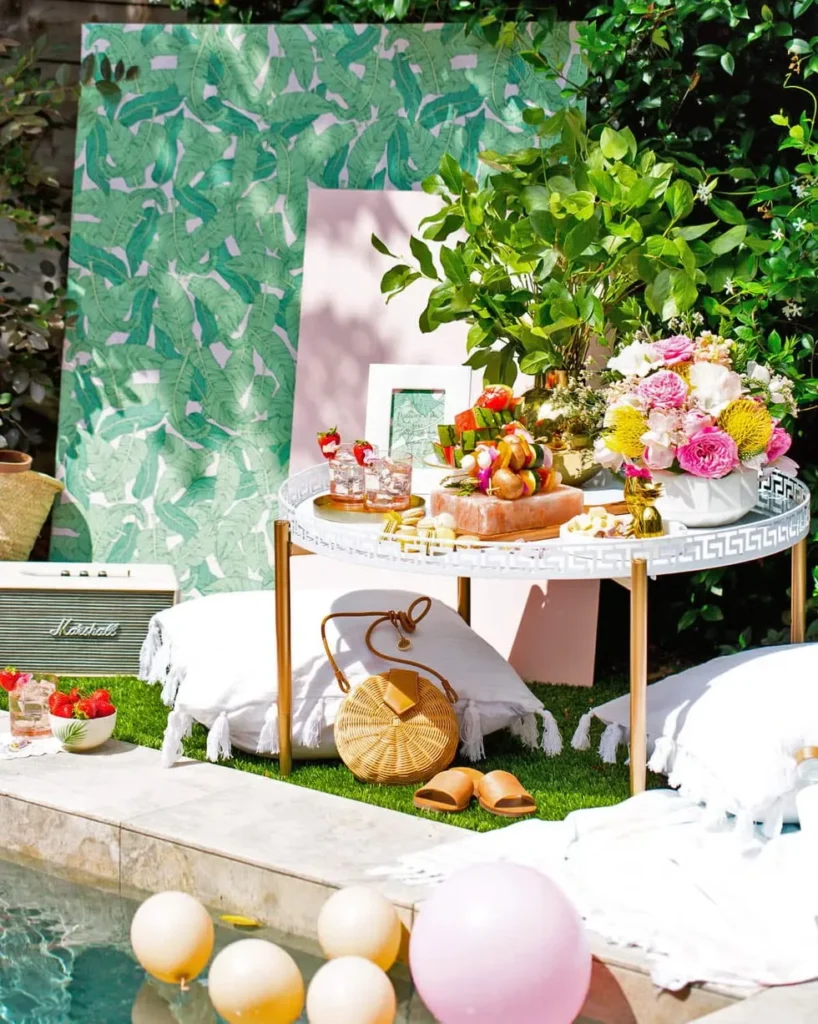 Somewhat tropical poolside picnic setup.