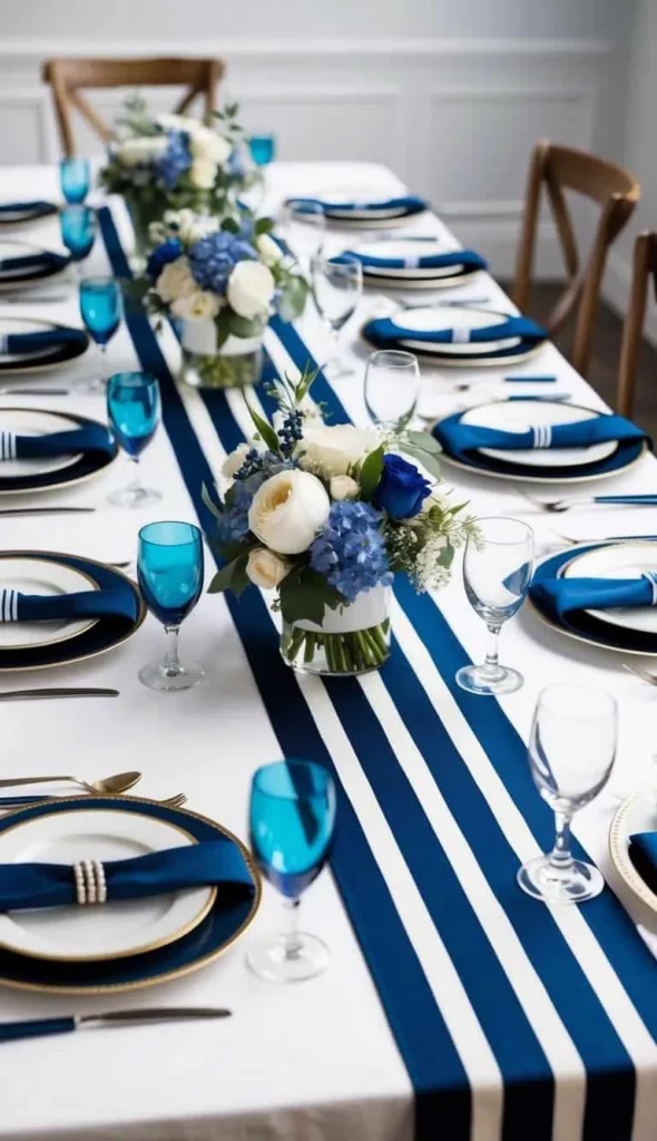 Nautical tablescape with striped runner.