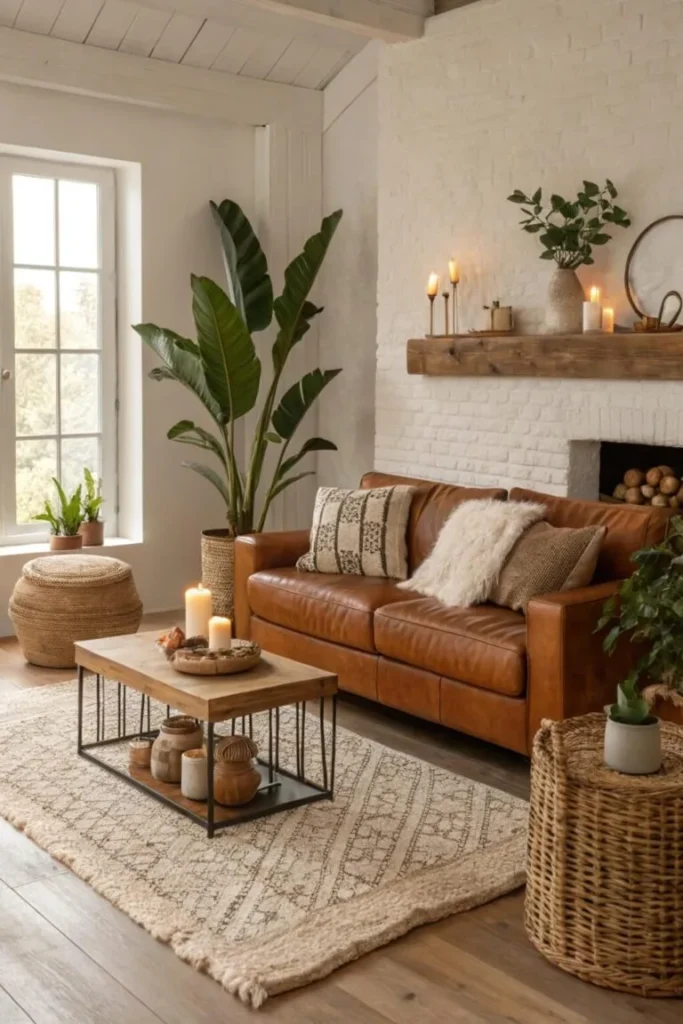 Earthy elements in a living room with leather sofa: plants, woven baskets, and wooden accents.