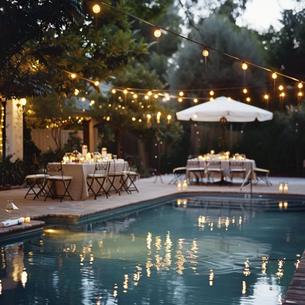 An evening poolside dining with extremely elegant and sophisticated decor.