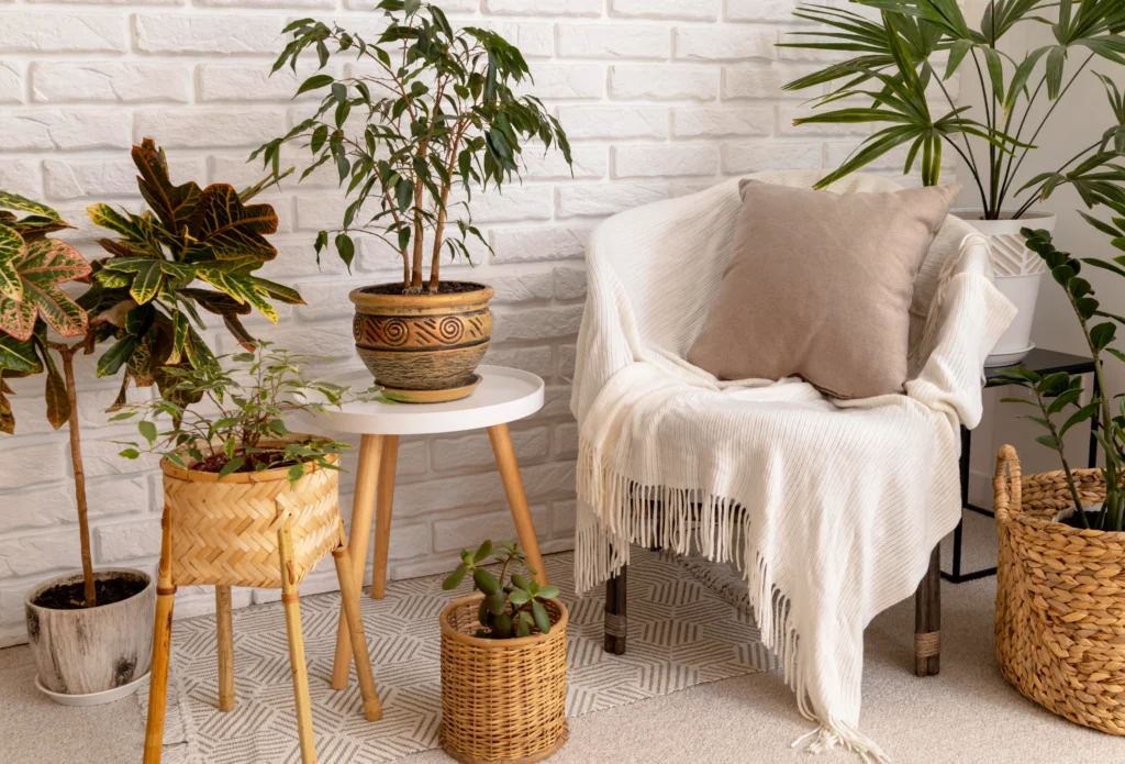 A calm white nook for some personal reflection space in a earthy living room.