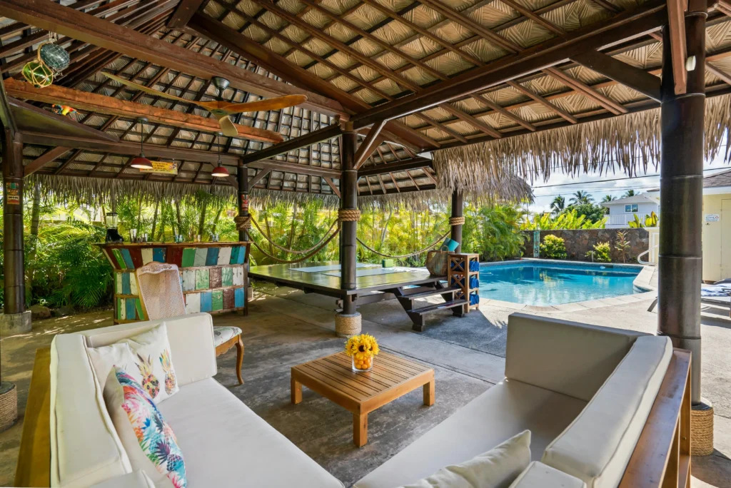 A covered-patio pool party.