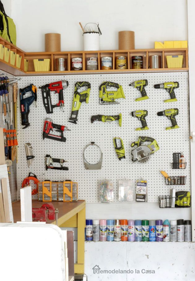 Use Pegboard Shelves for Spray Paints and Hardware