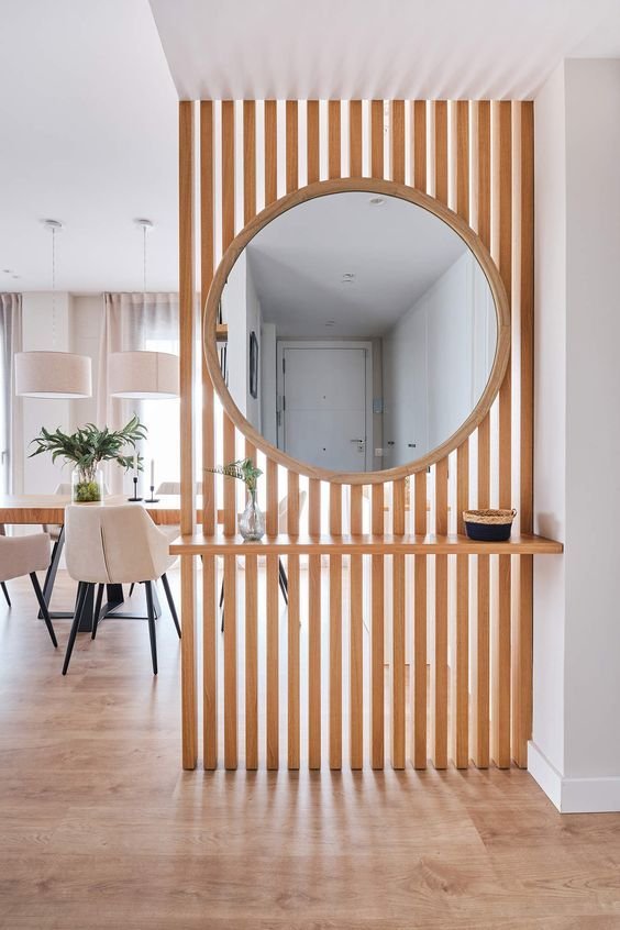 Wooden Divider With Round Mirror