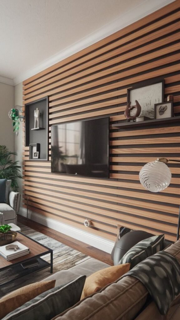 Slatted TV Wall With Frames